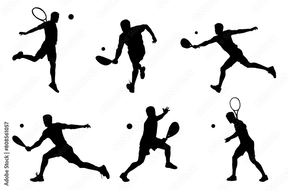 Silhouette collection of male athlete playing tennis sport. Silhouette of tennis player man in action pose