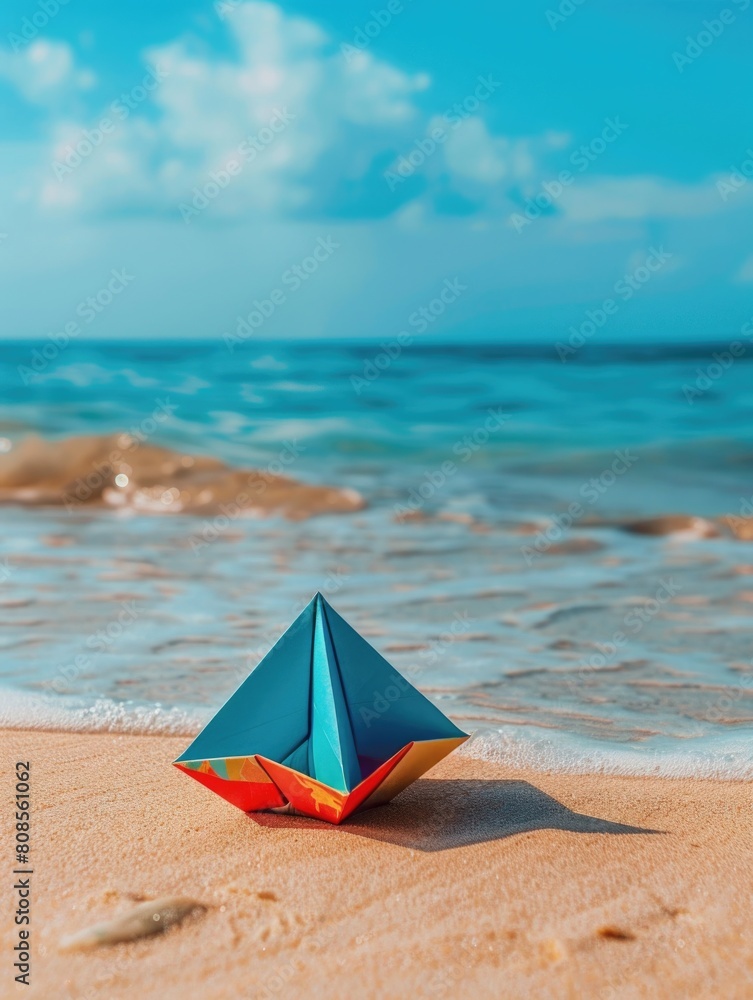 A small paper boat is sitting on the sand near the water. The boat is blue and red, and it is the only thing visible in the image. The scene is peaceful and serene, with the ocean in the background A small paper boat is sitting on the sand near the water. The boat is blue and red, and it is the only thing visible in the image. The scene is peaceful and serene, with the ocean in the background