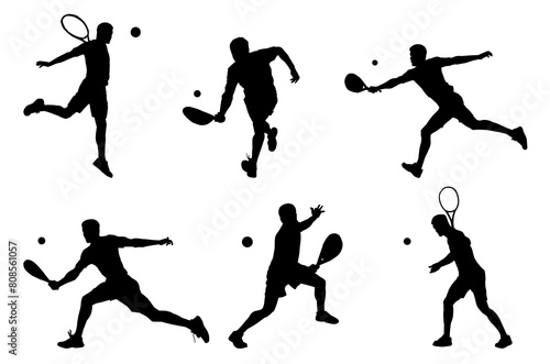 Silhouette collection of male athlete playing tennis sport. Silhouette of tennis player man in action pose