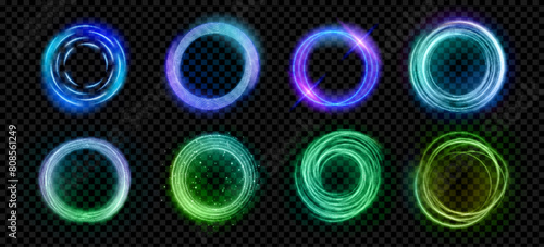 Abstract halo light effects set isolated on transparent background. Vector realistic illustration of neon turquoise, blue, green rings glowing in darkness, round frame in cloud of mist with sparkles