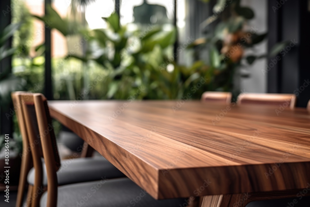 A wooden table with four chairs around it. The table is made of wood and has a natural look. The chairs are wooden and have a simple design. The room has a natural feel with plants and greenery A wooden table with four chairs around it. The table is made of wood and has a natural look. The chairs are wooden and have a simple design. The room has a natural feel with plants and greenery
