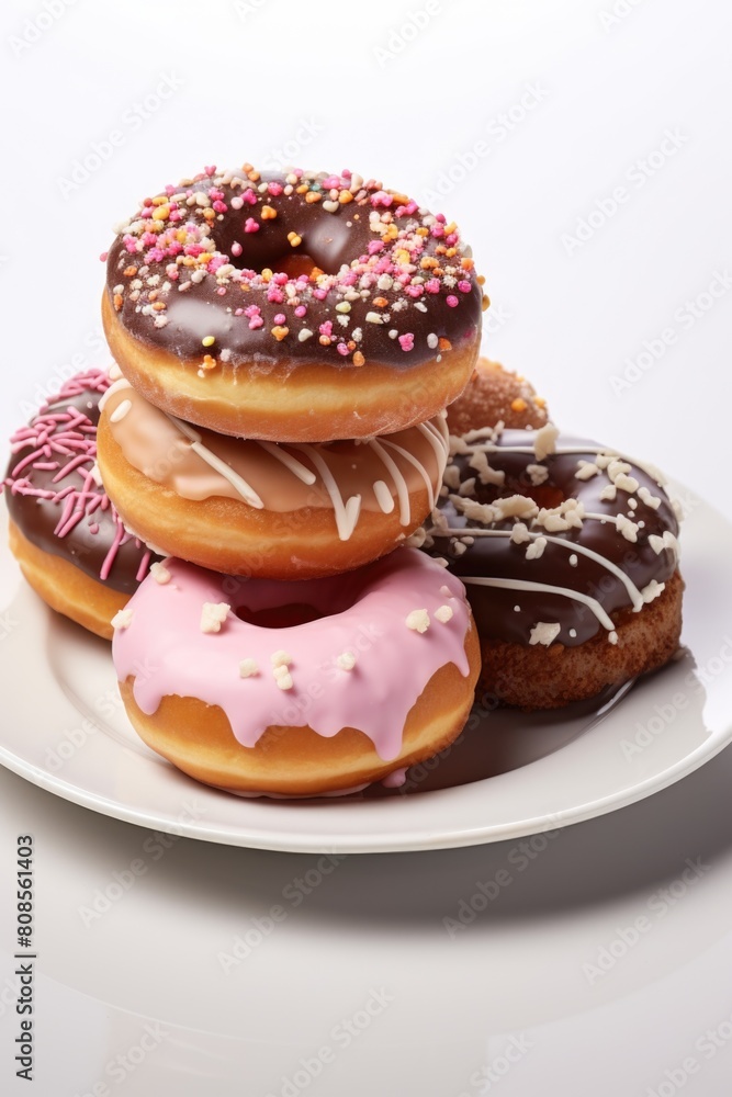 A stack of donuts with pink frosting on the bottom and brown frosting on the top A stack of donuts with pink frosting on the bottom and brown frosting on the top