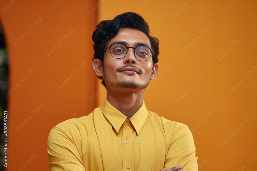 Obraz premium A man in a yellow shirt with glasses is smiling. He is standing in front of a yellow wall