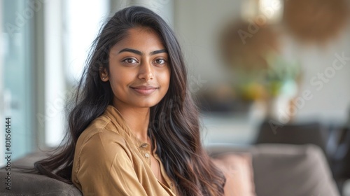 Confident Indian woman or renter sitting in modern new apartment or house
