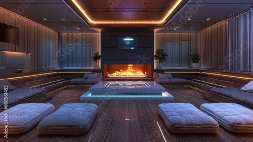 A high-end living room with a built-in virtual assistant for climate and light control, a sleek central fireplace, and a set of convertible sleeper ottomans photo