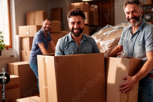 Moving packing delivery movers shifting house with boxes photo