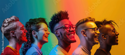 Colorful gradient background with portraits of smiling young people from different ethnicities and races, with colorful light effects on their faces