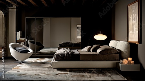 Modern bedroom elegance wooden wardrobe with glass sliding doors blending into minimalist decor