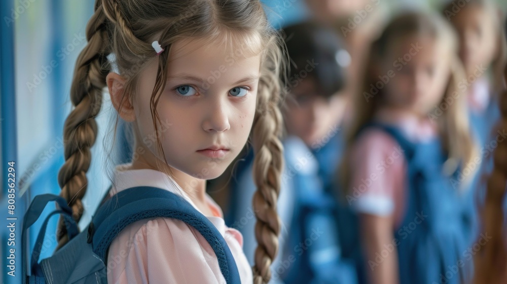 Obraz premium A little girl was bullied.. Schoolchildren in uniform together in the hallway of the school building.