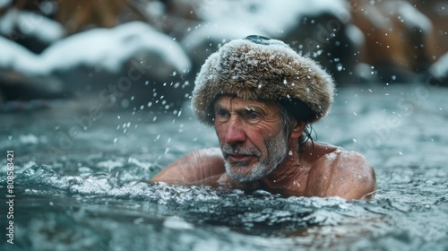 The challenge is of a middle-aged man wearing a bathing suit  fur hat and freezing his body in a cold winter river.