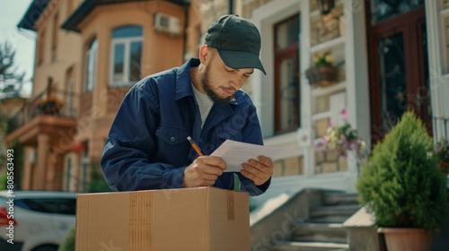 Courier holding carton box and delivery receipt. Delivery boy at work