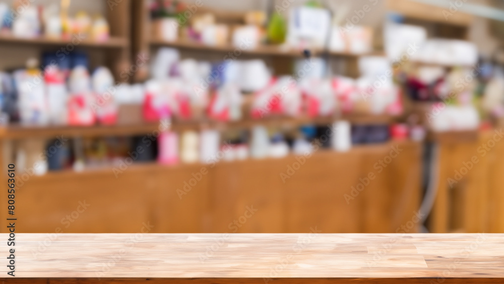 wooden top table and soft blur pet shop. Generative Ai