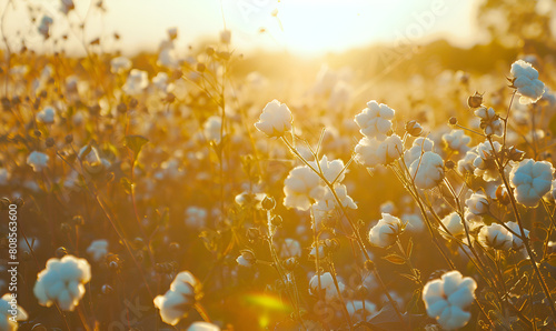 Cotton field background ready for harvest under a golden sunset macro close ups of plants