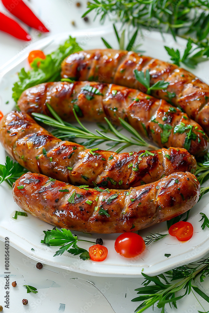 Plate with delicious grilled sausages. AI generative. Plate with delicious grilled sausages. AI generative.