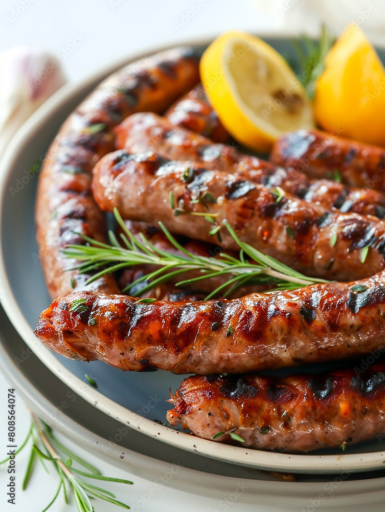 Plate with delicious grilled sausages. AI generative.