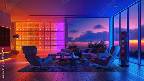 A high-tech living room with a programmable LED light wall, a voice-controlled home system, and a set of ergonomic chairs