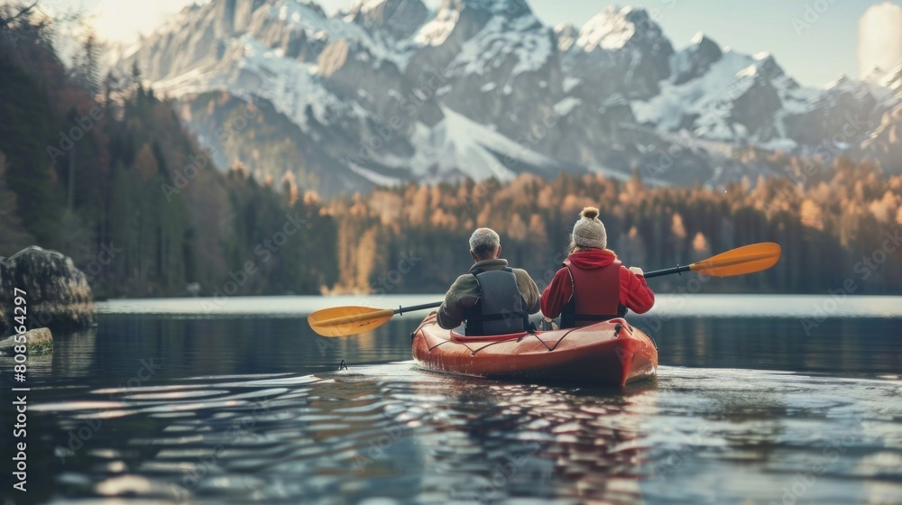 Couple retiring in a kayak on a picturesque lake Couple retiring in a kayak on a picturesque lake