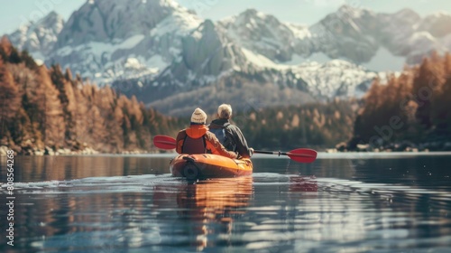 Couple retiring in a kayak on a picturesque lake photo