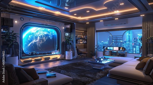 A high-tech living room with voice-activated lighting  a transparent OLED TV  and modular furniture