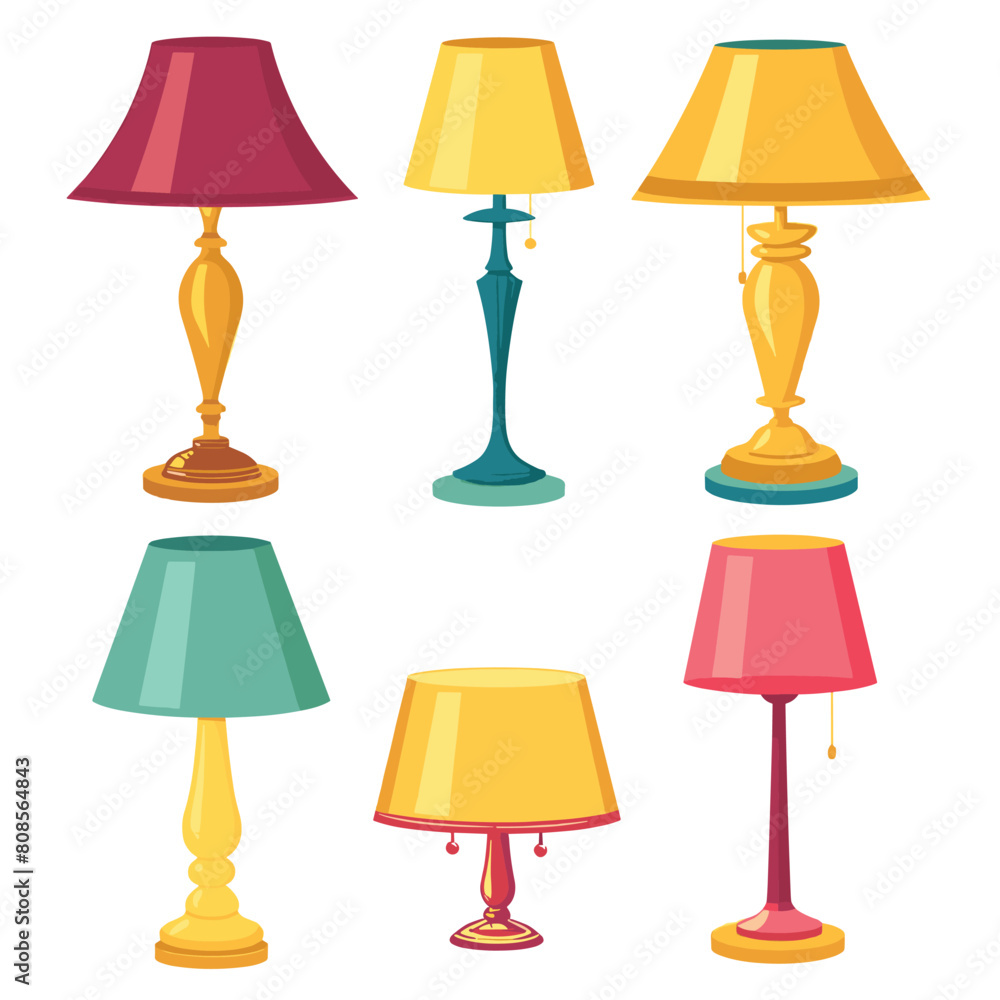 Six colorful table lamps variety designs styles, home decor, isolated white background. Tabletop fixtures different shapes, home interior decoration, vibrant lampshades, no people Six colorful table lamps variety designs styles, home decor, isolated white background. Tabletop fixtures different shapes, home interior decoration, vibrant lampshades, no people
