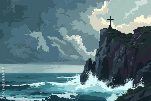 Rocky oceanside cliff with crashing waves below, a craggy cross monument silhouetted on the peak as a dramatic stormy sky looms