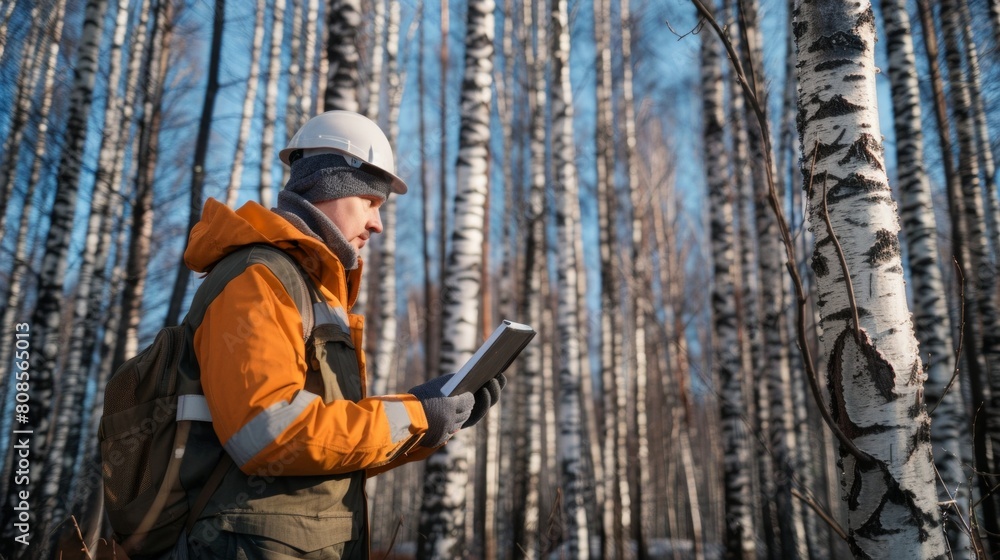 Fototapeta premium Forest engineer in safety uniform works in young birch forest with tablet computer.