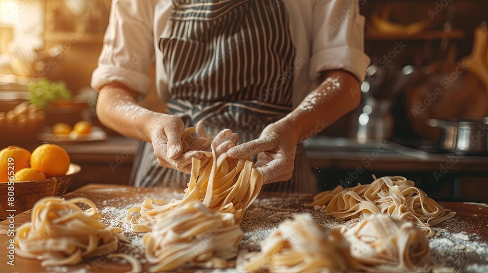 Close-up shots of kneading dough, rolling pasta dough, and cutting pasta shapes. Learn to make fresh Italian pasta from scratch with a woman chef.