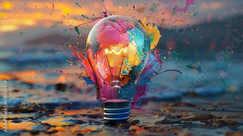 Creative light bulb explodes with splashes of multi-colored paint