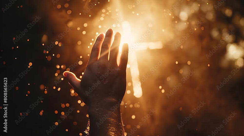 A hand reaching out towards a cross bathed in a celestial light A hand reaching out towards a cross bathed in a celestial light