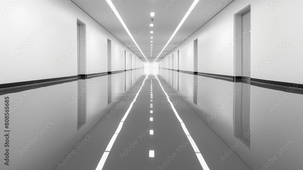 A long hallway with white walls and black stripes