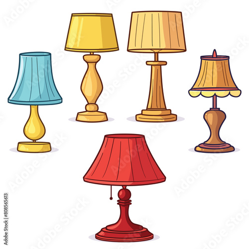 Collection colorful table lamps cartoon style, vintage modern designs. Interior decoration elements five different lampshades colorful palettes. Classic lighting fixtures variety shapes colors