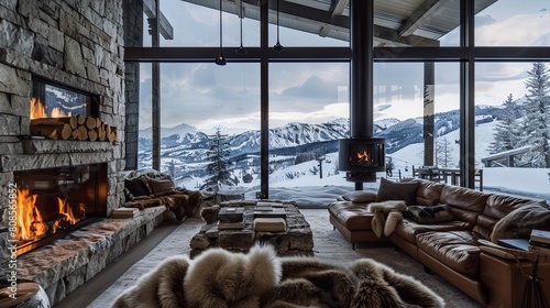 A living room in a luxury ski lodge with a large stone fireplace, cozy fur throws over leather seating, and a wall of windows showcasing snowy mountain views photo