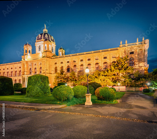 Gorgeous summer scene of Maria Theresa Square with famous Naturhistorisches Museum (Natural History Museum). Marvelous night cityscape of Vienna, Austria, Europe. Travel the world.
