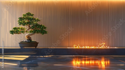 A living room with a single  elegant bonsai tree and a backdrop of a sleek  smart fireplace