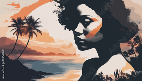 Silhouette einer Frau mit Palmen, Strand und Sonnenaufgang. Vektor - Grafik für Poster, Tapete, Reisebüro