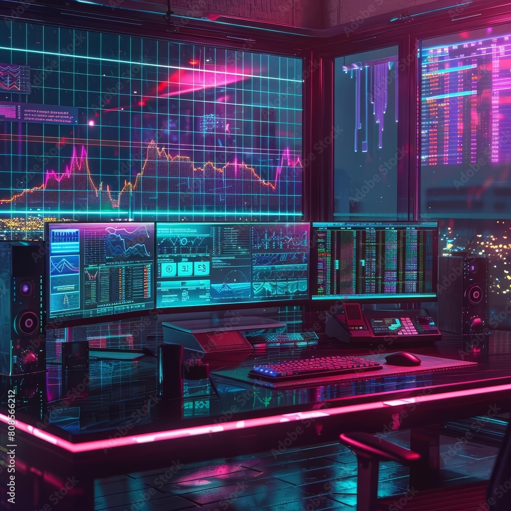 HUD of a finance office in cyberpunk 80s color, creating a vibrant banner best for copy space HUD of a finance office in cyberpunk 80s color, creating a vibrant banner best for copy space