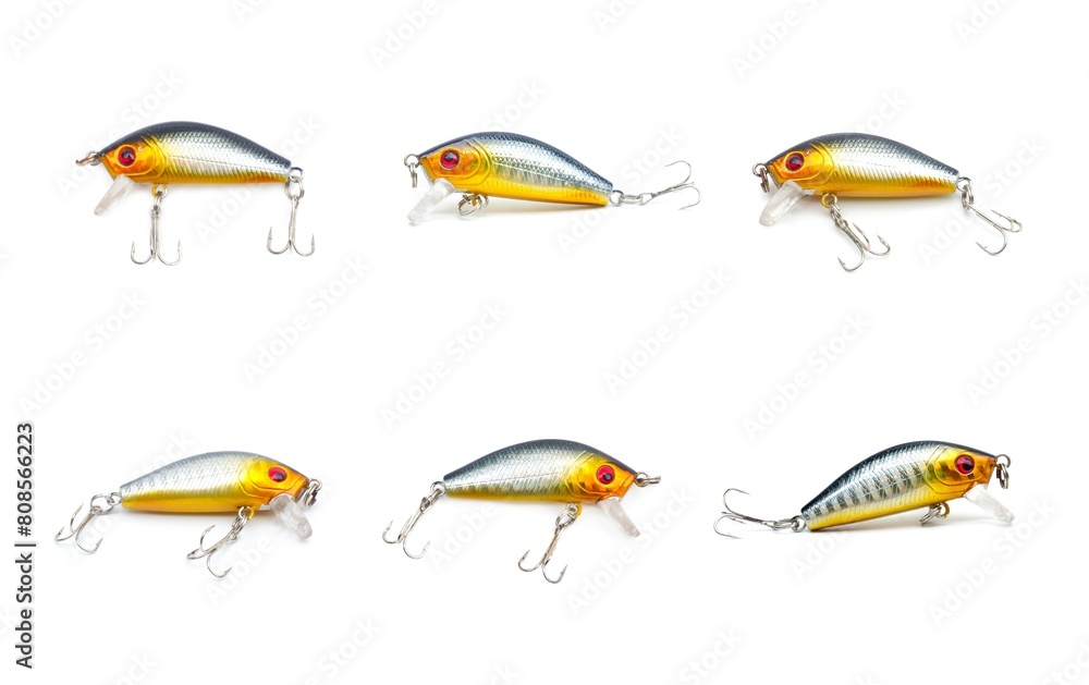 Set of illustrations. Collection of silver and gold sparkling fish shape plug lures with 3-way hooks. Fishing equipment isolated on white background. Set of illustrations. Collection of silver and gold sparkling fish shape plug lures with 3-way hooks. Fishing equipment isolated on white background.