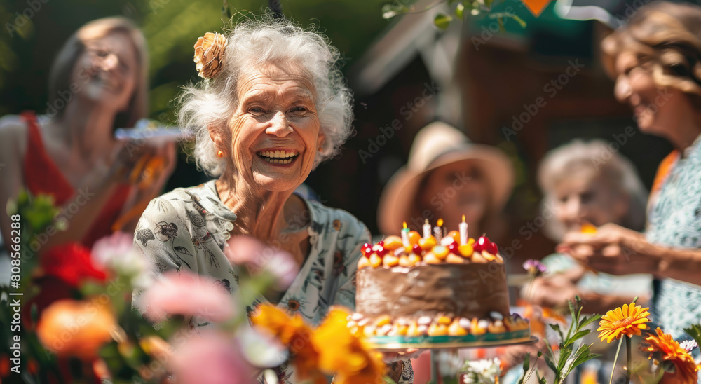 Elderly woman celebrating birthday with friends and family outdoors, holding cake at garden party. 