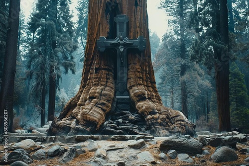A cross carved into the trunk of a towering sequoia tree, surrounded by a grove of ancient giants, representing the enduring strength and resilience of faith throughout the ages photo