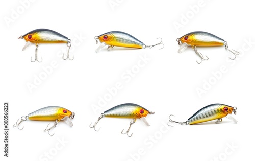 Set of illustrations. Collection of silver and gold sparkling fish shape plug lures with 3-way hooks. Fishing equipment isolated on white background.