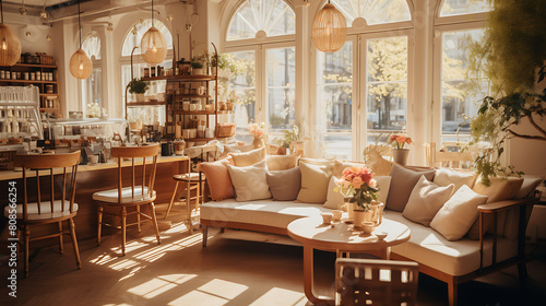 A Swedish fika caf?(C), where friends gather for coffee and pastries like cinnamon buns and princess cake, in a cozy setting with comfortable seating and soft lighting.