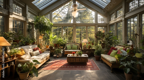 A sunroom with floor-to-ceiling windows and indoor plants. photo