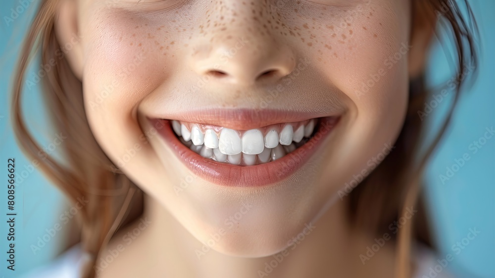 A girl with a white smile and a few freckles on her face A girl with a white smile and a few freckles on her face