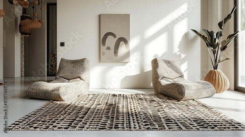 A living room with a single, modernist rug and a pair of low-slung, fabric armchairs photo