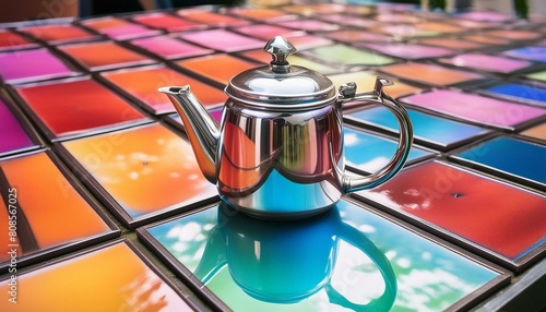 A polished silver teapot, reflecting light photo