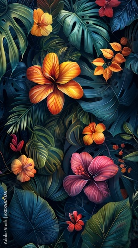 4K high-definition wallpaper  vibrant jungle scenes  large leaves  and surreal animal illustrations. With copyable space and white space in the middle  it is surrounded by lush green foliage and color