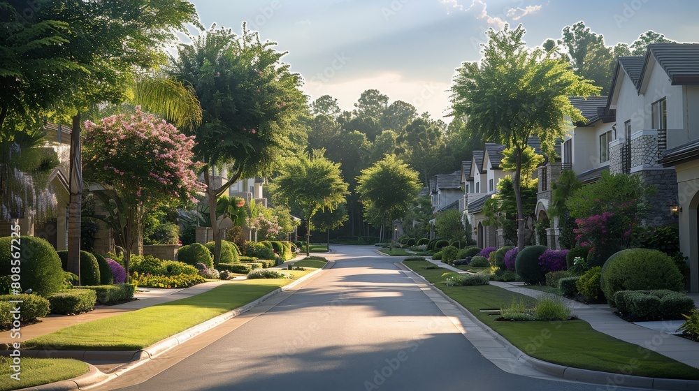 Fototapeta premium A new home neighborhood, A classic upper middle class neighborhood street with luxury single family homes. Generative AI.