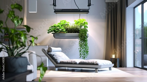 A living room with a single, suspended aeroponic plant system, and a contemporary chaise lounge photo
