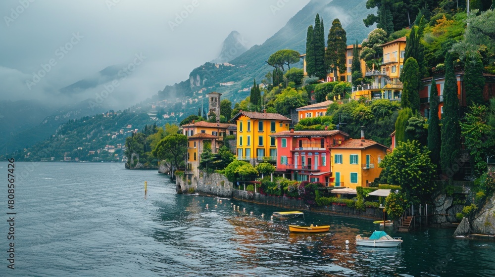 Obraz premium View of a seaside villa Beautiful city by the sea and mountains travel leisure