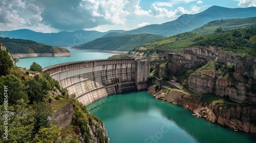 Wide view of a large dam beautiful scenery, mountains, sky
